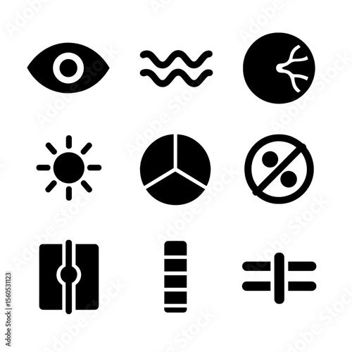Color Perception Icons. Solid, filled icon set of color perception: eye icon, light wave, retina, brightness meter, chromatic