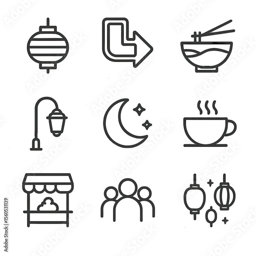 Night Market Icons. Outline icon set of Night Market Ambiance: lantern, neon sign, noodle bowl, street light, night sky, tea cup,