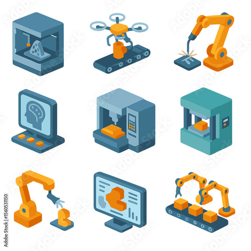 Next-Gen Manufacturing Icons. Isometric Flat icon set of next-gen manufacturing: 3D metal printer, automated assembly drone,
