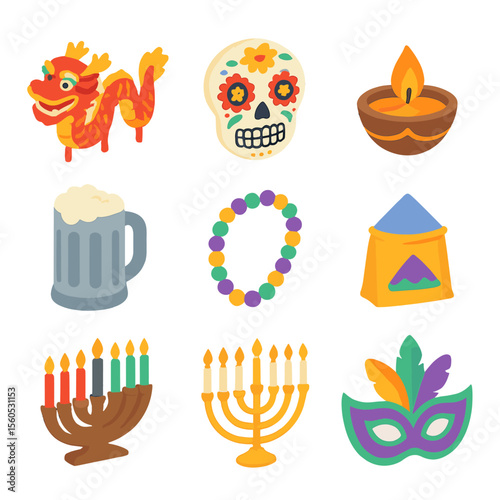 Cultural Festival Icons Grid. Isometric Flat icon set of major cultural festival emblems: Chinese dragon dance, Day of the Dead