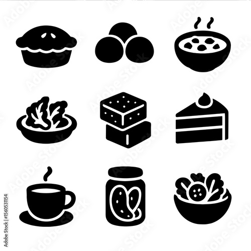 Comfort Food Icons. Solid, filled icon set of homemade comfort foods: chicken pot pie, fresh rolls, stew bowl, cooked greens,