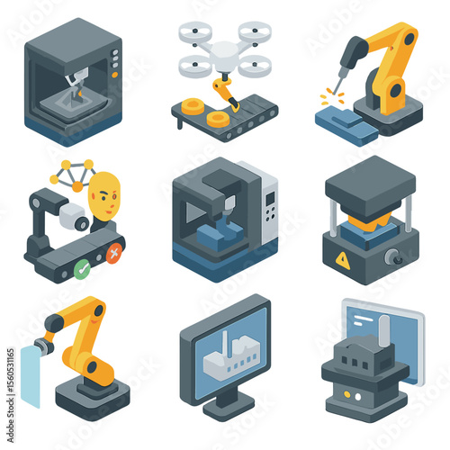 Next-Gen Manufacturing Icons. Isometric Flat icon set of next-gen manufacturing: 3D metal printer, automated assembly drone,