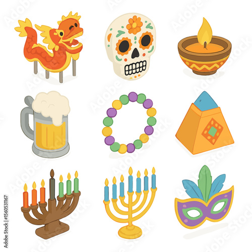Cultural Festival Icons Grid. Isometric Flat icon set of major cultural festival emblems: Chinese dragon dance, Day of the Dead