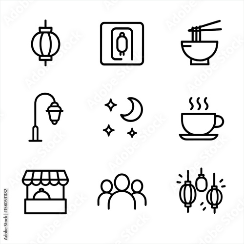 Night Market Icons. Outline icon set of Night Market Ambiance: lantern, neon sign, noodle bowl, street light, night sky, tea cup,