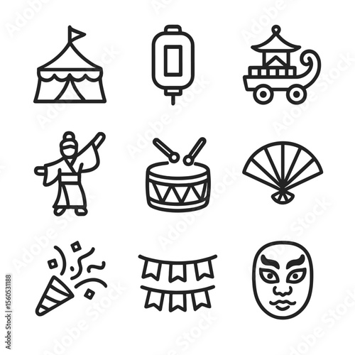 Cultural Festival Icons. Outline icon set of cultural festivals: festival tent, lantern, parade float, traditional dancer, drum,