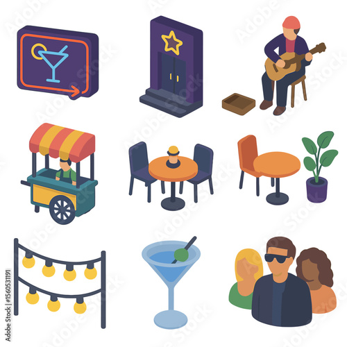 Nightlife Icon Set. Isometric Flat icon set of street nightlife: neon sign, nightclub entrance, street musician, food stall,