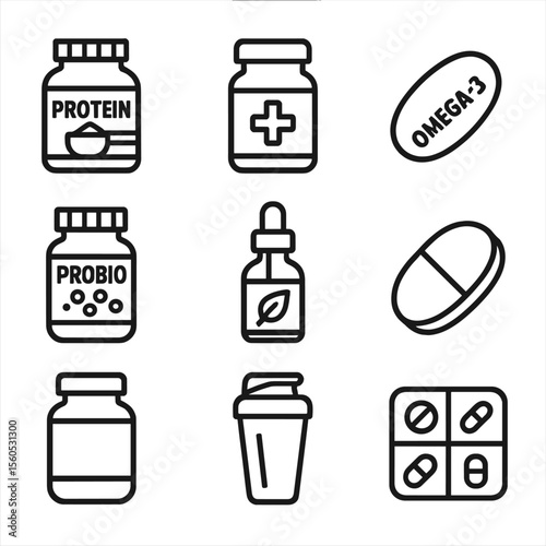 Nutritional Supplements Icons. Outline icon set of nutritional supplements: protein powder container, vitamin bottle, omega-3