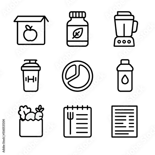 Nutrition Support Icons. Outline icon set of nutrition support services: meal delivery box, dietary supplement bottle, blender,