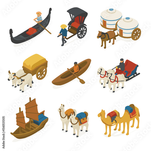 Cultural Transport Icons. Isometric Flat icon set of cultural transport and travel symbols: Venetian gondola, Japanese rickshaw,