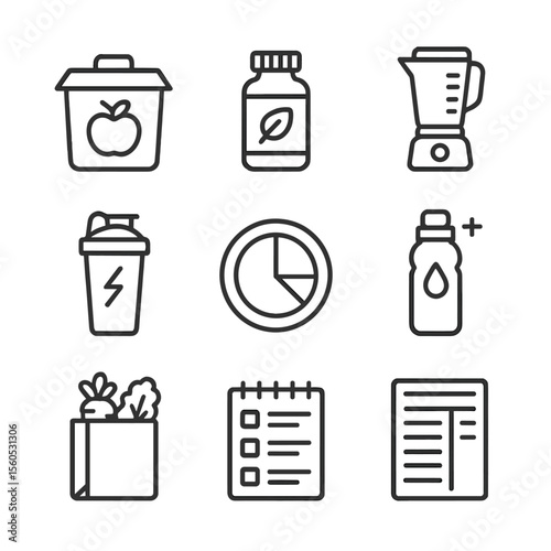 Nutrition Support Icons. Outline icon set of nutrition support services: meal delivery box, dietary supplement bottle, blender,
