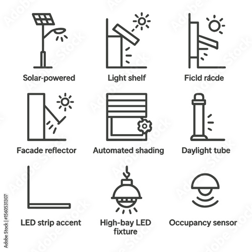 Green Lighting Icons. Outline icon set of green building lighting strategies: solar-powered streetlight, tubular skylight, light