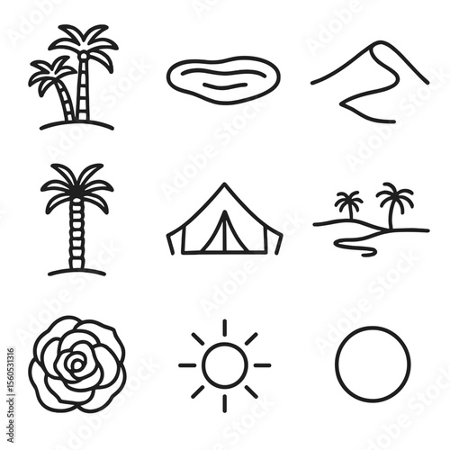 Oasis Icon Set. Outline icon set of Desert Oasis Paradise: palm cluster, water pool, sand dune, camel silhouette, date palm, oasis