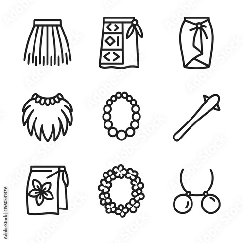 Oceanian Attire Icons. Outline icon set of Oceanian indigenous attire: grass skirt, tapa cloth, sarong, feather cape, shell