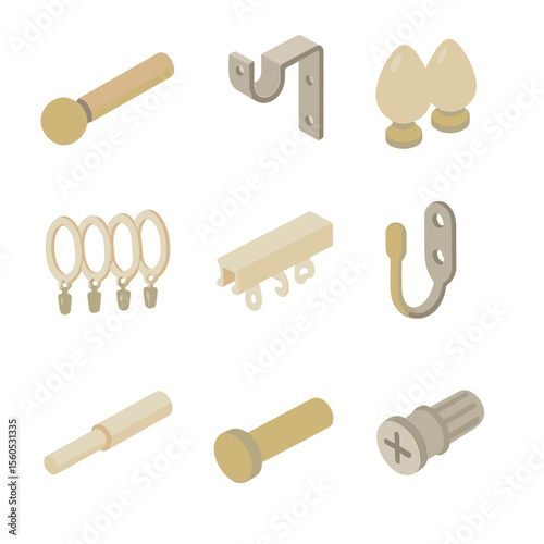Curtain Hardware Icons. Isometric Flat icon set of curtain hardware for linen curtains: curtain rod, mounting bracket, finial set,