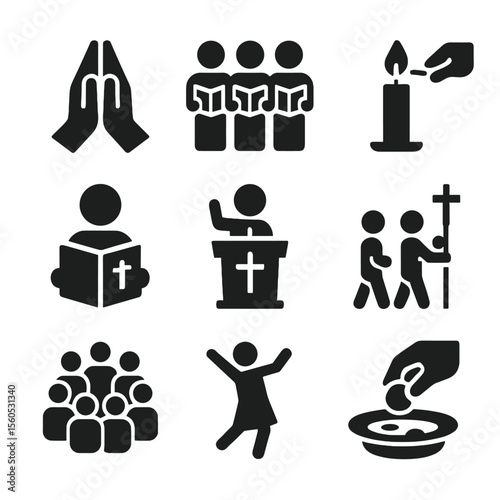Communal Worship Icons. Solid, filled icon set of communal worship activities: prayer hands, choir singing, candle lighting, Bible