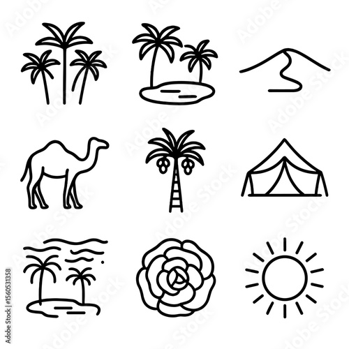 Oasis Icon Set. Outline icon set of Desert Oasis Paradise: palm cluster, water pool, sand dune, camel silhouette, date palm, oasis