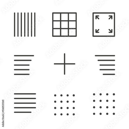 Grid Alignment Icons. Outline icon set of grid and alignment systems: 12-column grid, modular grid blocks, margin guides, gutter