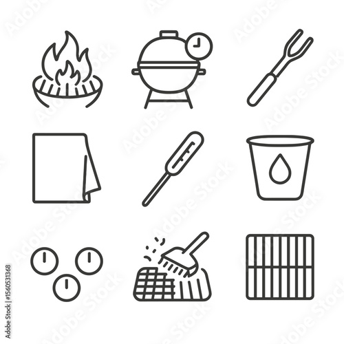 Grill Prep Icons. Outline icon set of pre-clean grill prep steps: burn-off flames, closed lid timer, long-handle tongs, aluminum