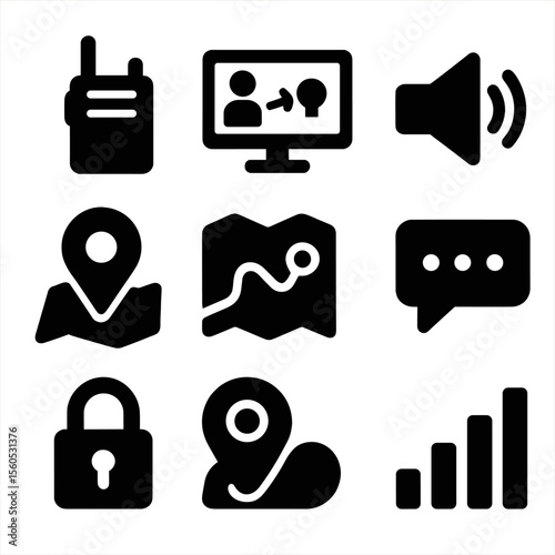 Communication Icon Set. Solid, Filled icon set of pursuit communication: handheld radio, command center screen, speaker icon, push