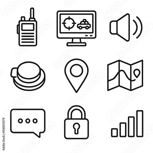 Communication Icon Set. Outline icon set of pursuit communication: handheld radio, command center screen, speaker icon,