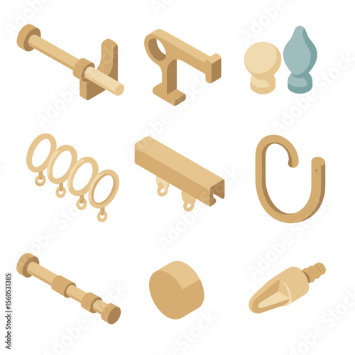 Curtain Hardware Icons. Isometric Flat icon set of curtain hardware for linen curtains: curtain rod, mounting bracket, finial set,