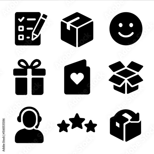 Customer Experience Icons. Solid, filled icon set of customer experience: feedback form, delivery box, smiley face, gift box,