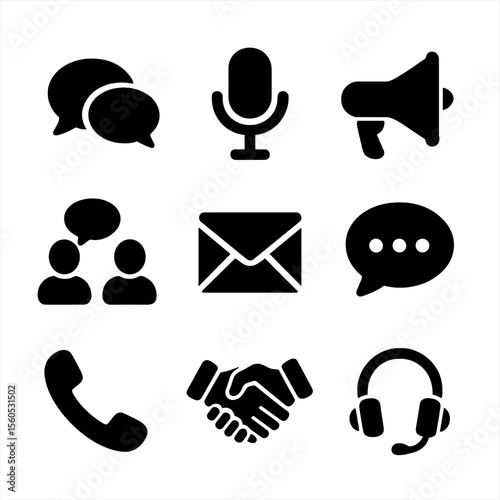 Communication Tools Icons. Solid, filled icon set of effective communication tools: chat bubbles, microphone, megaphone, voice