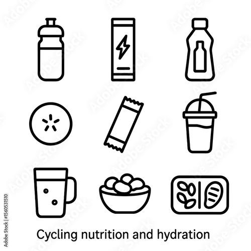 Cycling Nutrition Icons. Outline icon set of cycling nutrition and hydration: water bottle, electrolyte drink mix, energy gel
