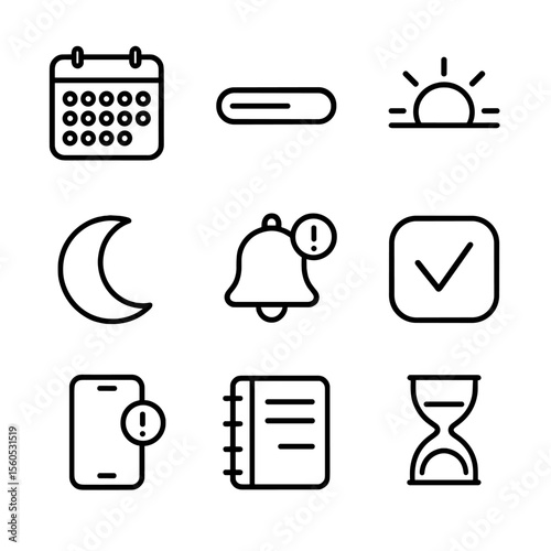 Habit Tracker Icons. Outline icon set of habit tracking reminders: habit streak calendar, progress bar, morning sun icon, evening