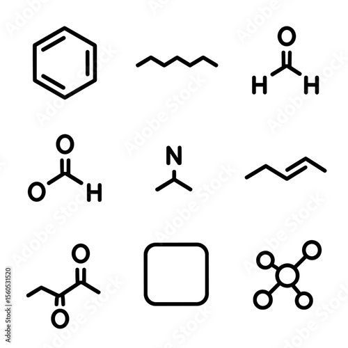 Organic Chemistry Icons. Outline icon set of Organic Chemistry Fundamentals: benzene ring, alkane chain, alcohol group, carboxyl