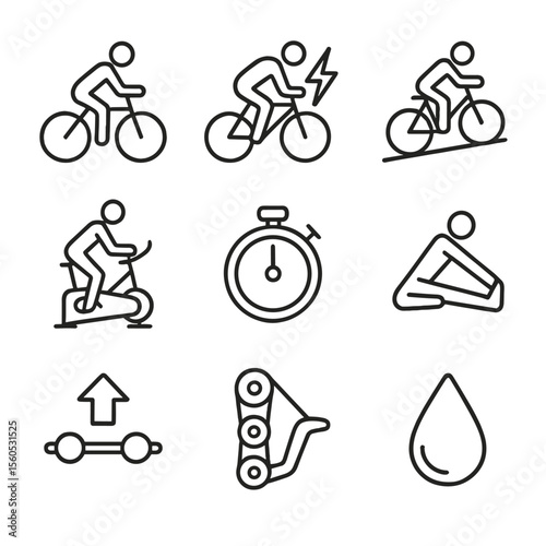 Cycling Workout Icons. Outline icon set of cycling workout phases: warm-up silhouette, high-intensity sprint icon, endurance climb