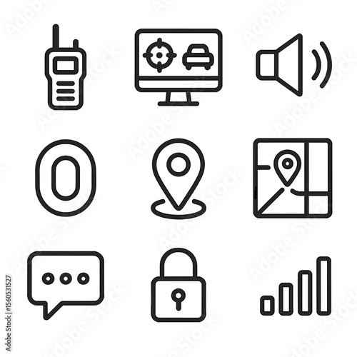 Communication Icon Set. Outline icon set of pursuit communication: handheld radio, command center screen, speaker icon,