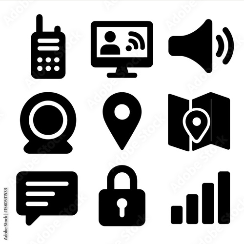 Communication Icon Set. Solid, Filled icon set of pursuit communication: handheld radio, command center screen, speaker icon, push