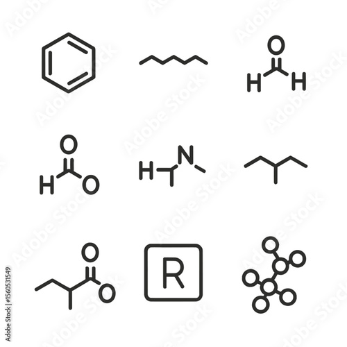 Organic Chemistry Icons. Outline icon set of Organic Chemistry Fundamentals: benzene ring, alkane chain, alcohol group, carboxyl