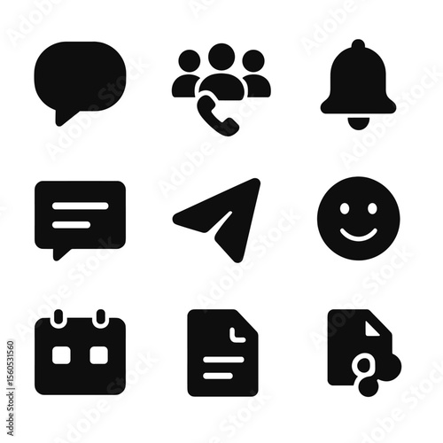 Communication Icons Grid. Solid, filled icon set of team communication methods: speech bubble, group call, inbox mail,