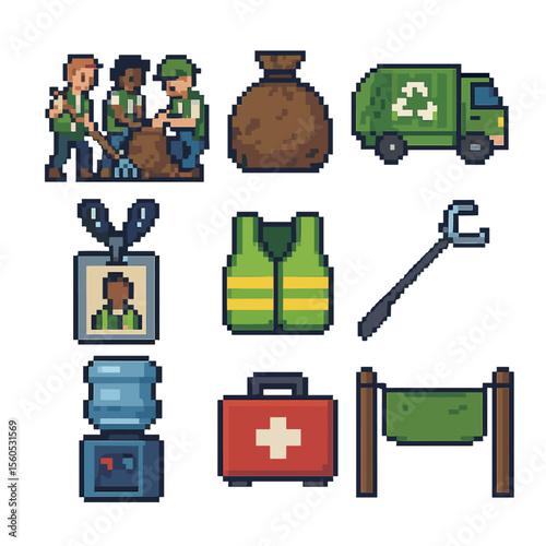 Community Cleanup Icons. Pixel art icon set of community cleanup day: group raking, leaf bagging, recycle truck, volunteer badge,