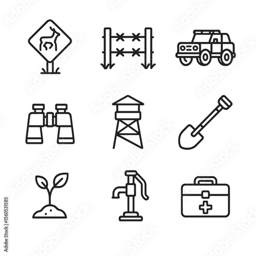 Habitat Protection Icons. Outline icon set of habitat protection operations: wildlife corridor sign, anti-poaching fence, patrol