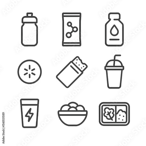 Cycling Nutrition Icons. Outline icon set of cycling nutrition and hydration: water bottle, electrolyte drink mix, energy gel