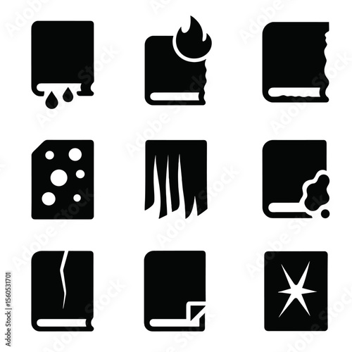 Damaged Books Icons. Solid, filled icon set of damaged reading materials: wet book, fire-scorched edge, chewed spine, moldy paper,