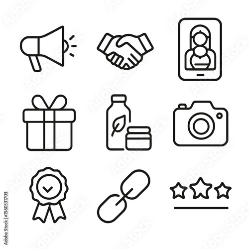 Health Partnerships Icons. Outline icon set of influencer partnerships in health and wellness: megaphone, handshake, influencer