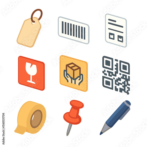 Isometric Packaging Icons. Isometric Flat icon set of crate and packaging labels: label tag, barcode sticker, shipping label,