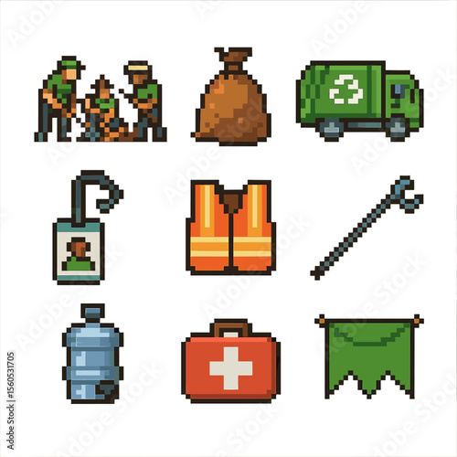 Community Cleanup Icons. Pixel art icon set of community cleanup day: group raking, leaf bagging, recycle truck, volunteer badge,