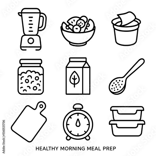 Healthy Meal Prep Icons. Outline icon set of healthy morning meal prep: smoothie blender, chopped fruit bowl, yogurt cup, granola
