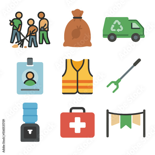 Community Cleanup Icons. Flat icon set of community cleanup day: group raking, leaf bagging, recycle truck, volunteer badge,