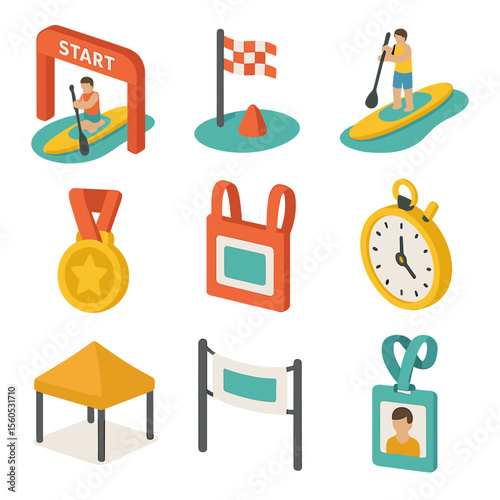 Paddleboarding Icons Collection. Isometric Flat icon set of paddleboarding events: race start line, finish flag, podium, medal,