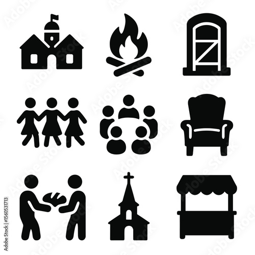 Community Gathering Icons. Solid, Filled icon set of community gatherings: village square, bonfire, tavern door, folk dance,