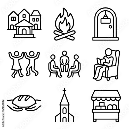 Community Gathering Icons. Outline icon set of community gatherings: village square, bonfire, tavern door, folk dance, meeting