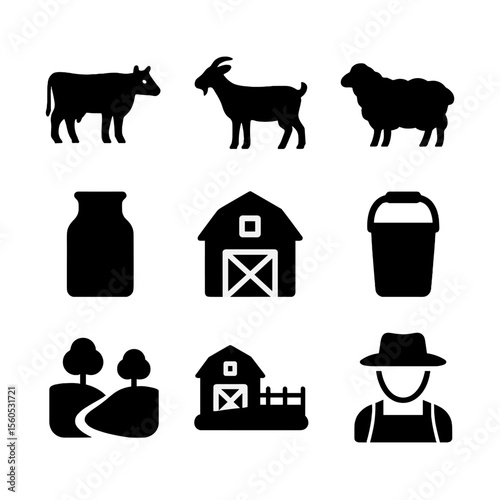 Dairy Source Icons. Solid, filled icon set of dairy production sources: cow, goat, sheep, milk jug, barn, milking pail, pasture,