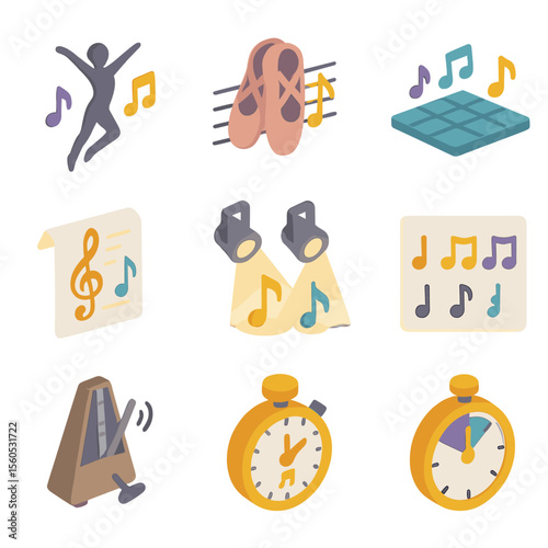 Dance Icon Collection. Isometric Flat icon set of dance and choreography: dancer silhouette with musical notes, ballet slippers on