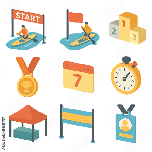 Paddleboarding Icons Collection. Isometric Flat icon set of paddleboarding events: race start line, finish flag, podium, medal,